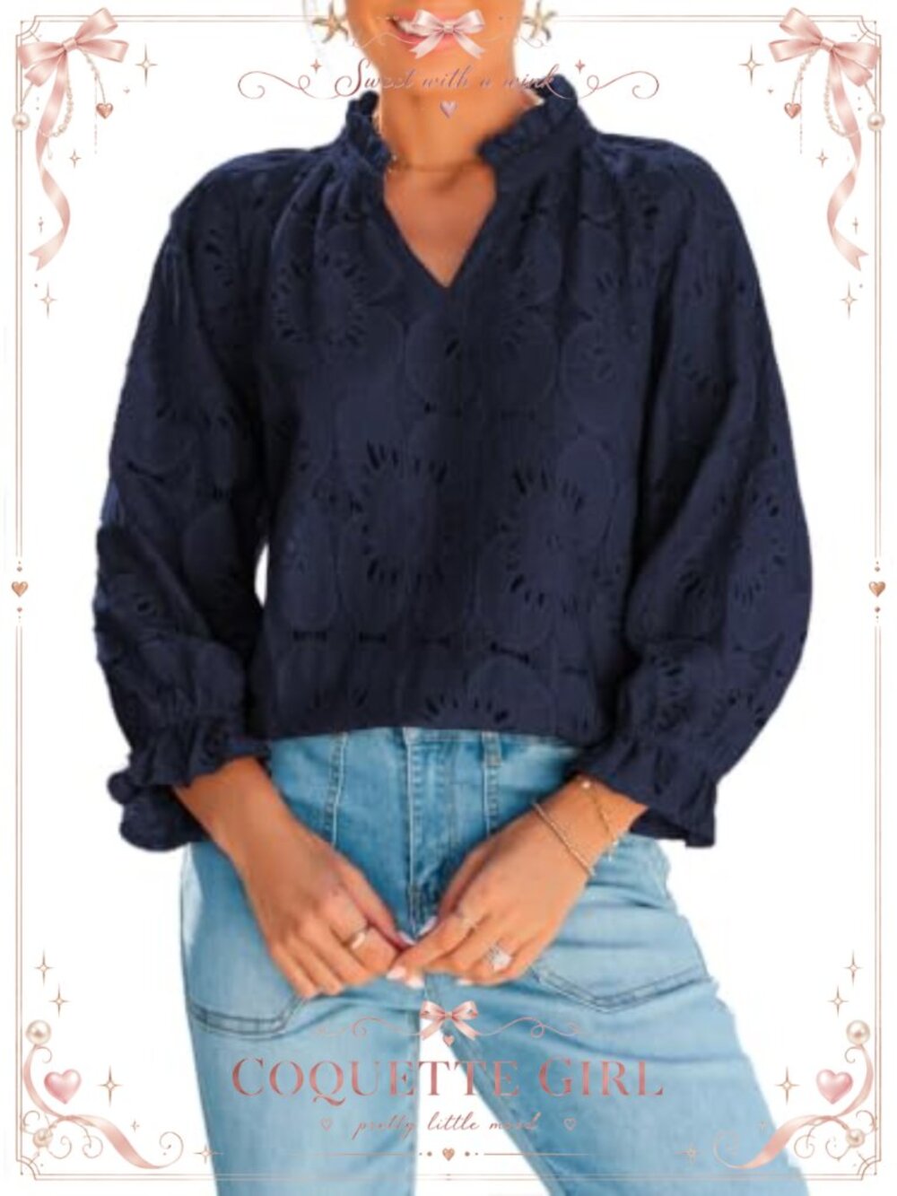 Women's Eyelet Lace Blouse V Neck 3/4 Sleeve Business Casual Top